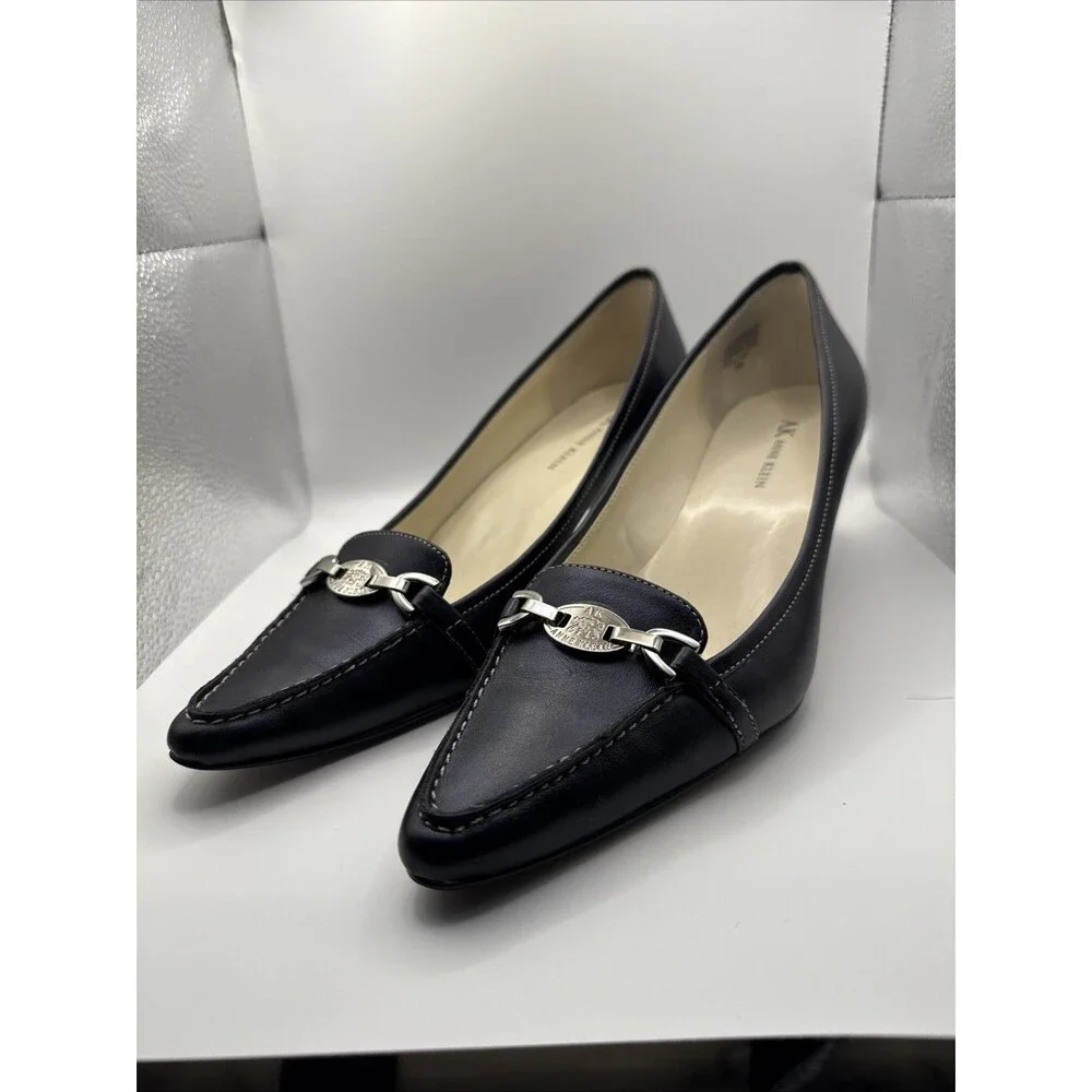 Anne Klein Spencer Kitten Heels Black Leather Gold Chain Pointed Toe Vintage? 9M - Picture 7 of 10